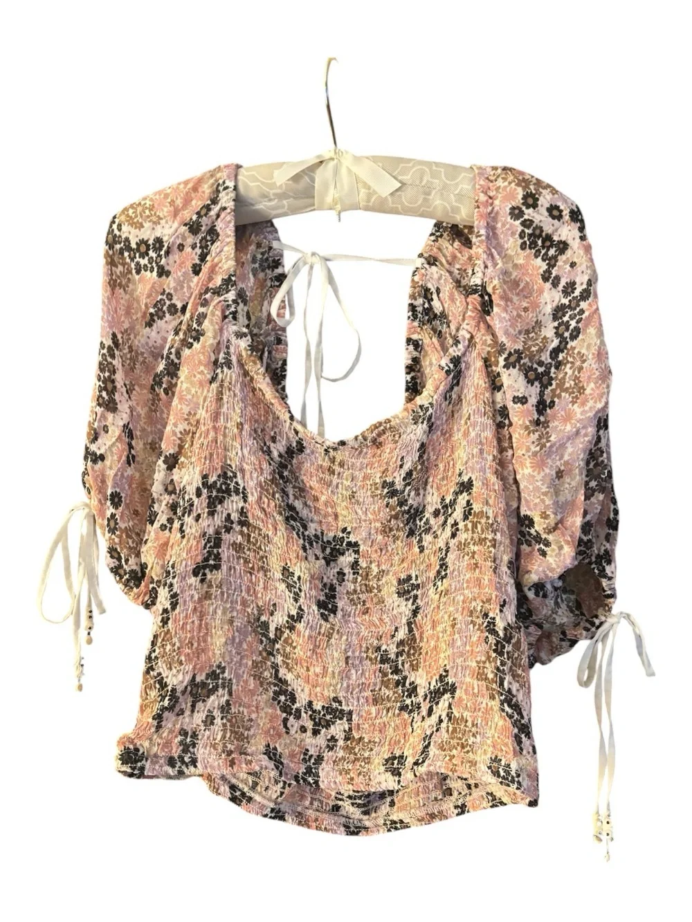 Free People Pink Floral Smocked Peasant Blouse Size L NWT